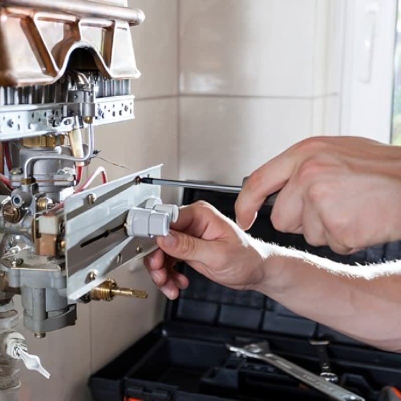 Types of hot water system shown during gas hot water unit repair by a plumber using tools on internal components