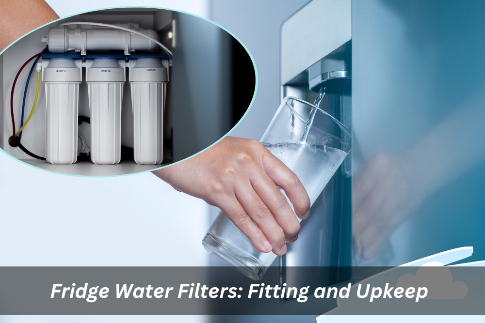 Filling a glass with water from a fridge dispenser alongside a water filter system inset