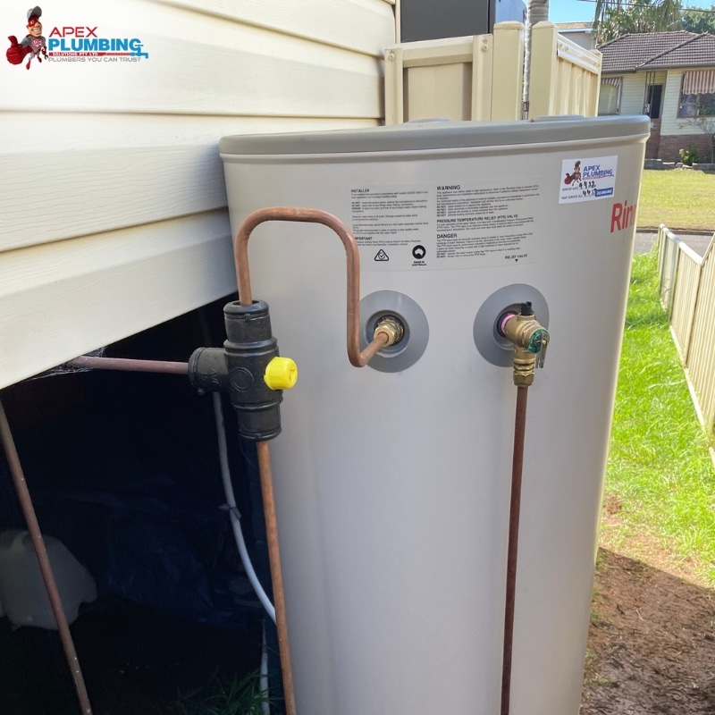 Professional hot water service for a white Rinnai hot water heater located outside a house