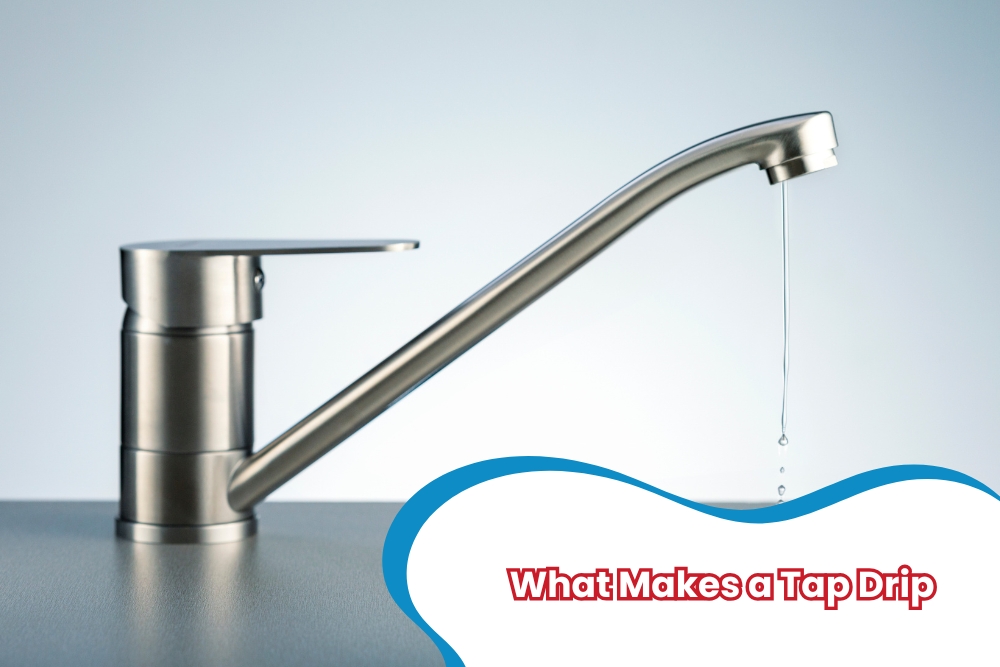 A close-up of a modern stainless steel tap dripping water, illustrating the issue of a leaky faucet. The image includes a caption: 'How To Stop Dripping Water From Tap: Easy DIY Fixes,' emphasizing simple solutions to fix tap dripping water.