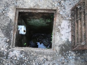 Blocked sewer line possibly causing a slow draining sink, shown in an open sewer access.