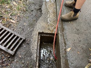 A professional plumber clearing tree roots in drainage pipes with specialised tools near a stormwater drain.