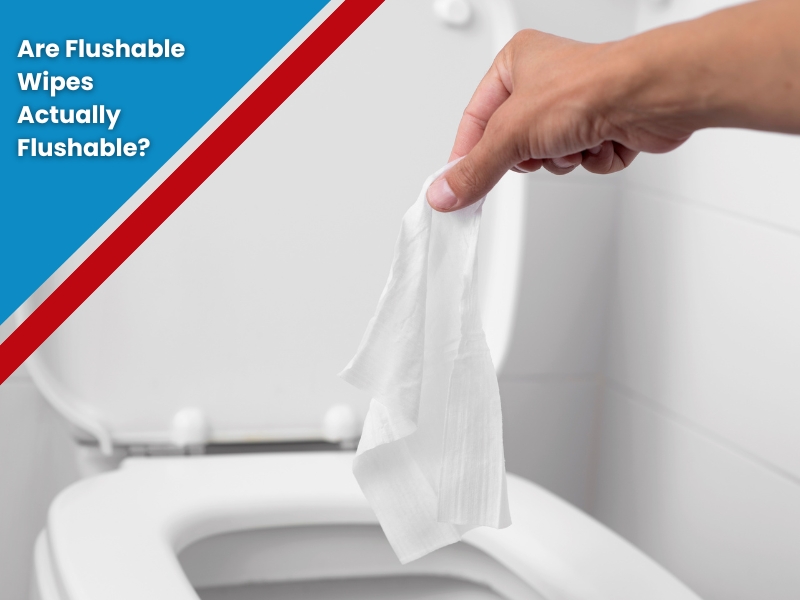 A hand holding a flushable wipe over a toilet. Are flushable wipes actually flushable, or do they clog pipes?