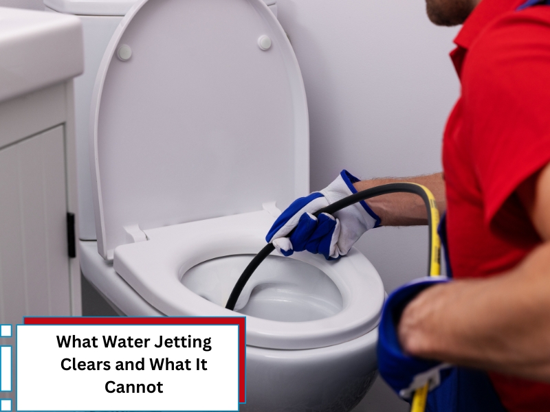 Hydro jetting image. Can it fix all blocked drain problems? High-pressure water shown.