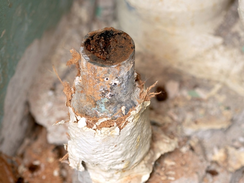 A rusty old pipe, likely causing frequent drain clogs, is heavily scaled and partially blocked.