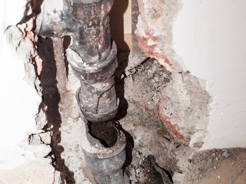 Heavily corroded plumbing revealed through wall damage showing urgency to fix a burst pipe