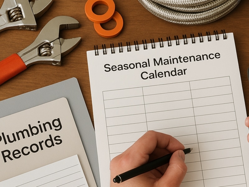 Plumbing work in house seasonal maintenance calendar with tools and records on desk