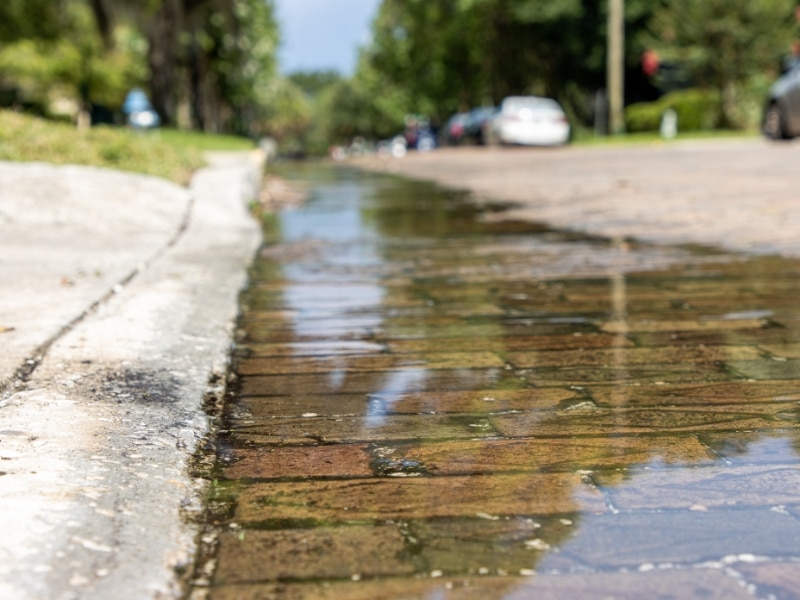 Water pooling along suburban street from unresolved blockage, delaying clearing blocked stormwater drains