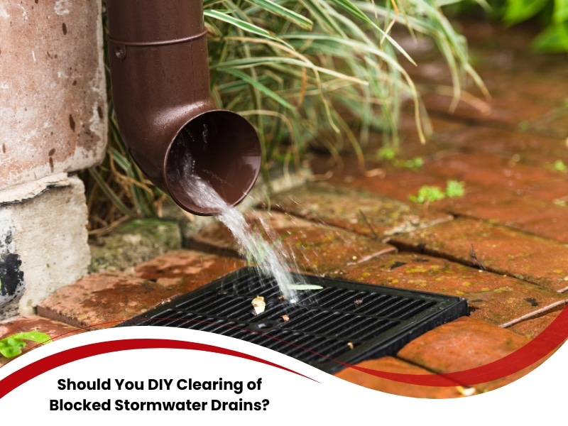 Downpipe draining water onto grate, example of home setup needing regular clearing blocked stormwater drains