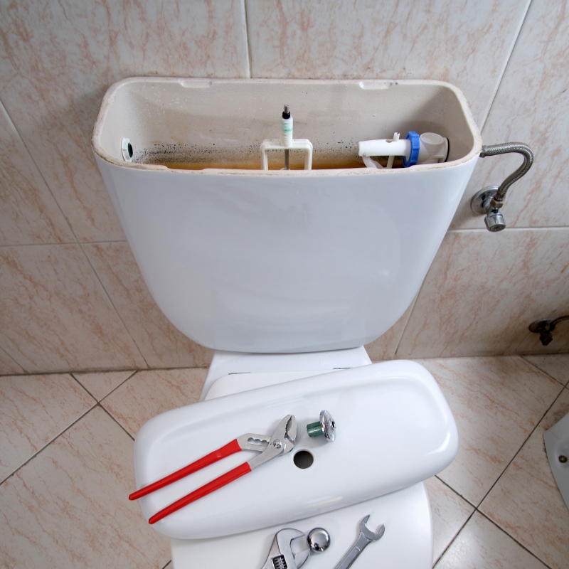 Open toilet cistern during repairs with plumbing tools nearby