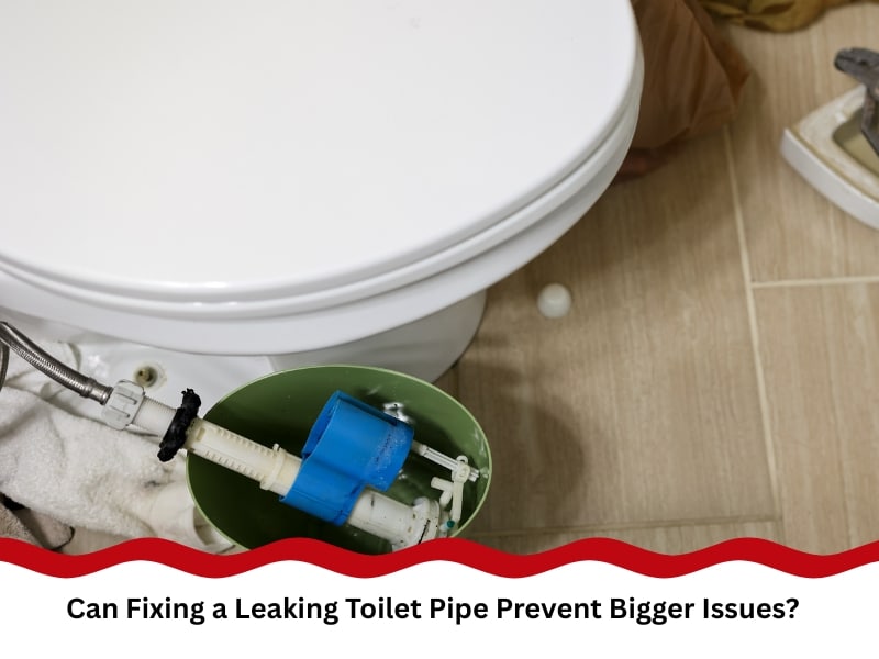 Close-up of fixing leaking toilet pipe with tank mechanism beside toilet.