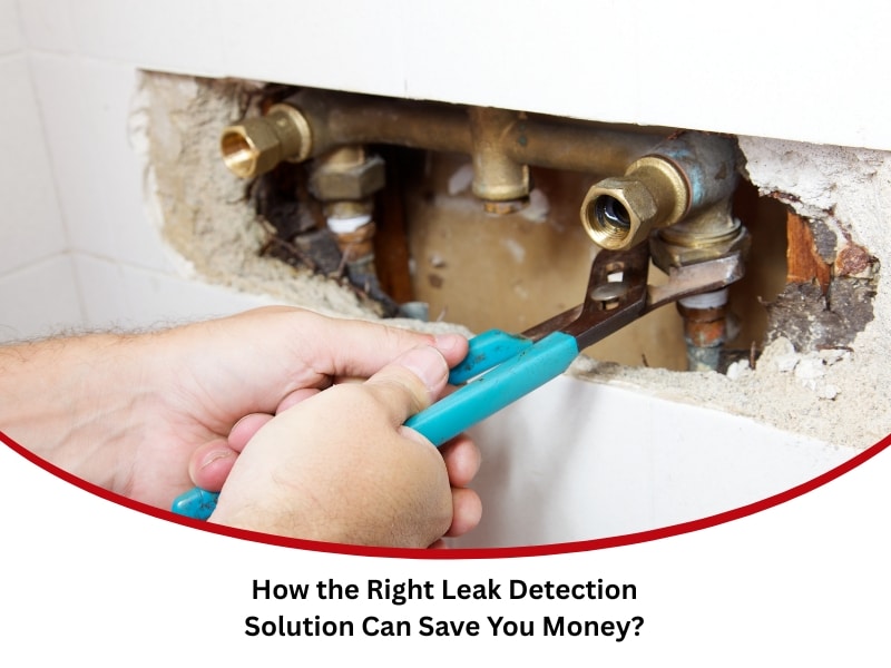 Leak detection solution repairing exposed bathroom pipes with adjustable wrench.