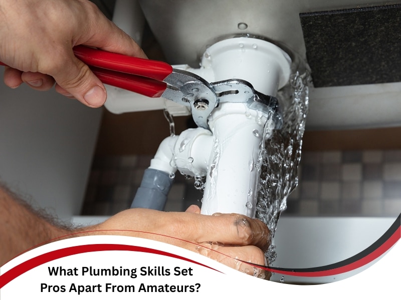 Professional plumber using plumbing skills to fix leaking pipe.