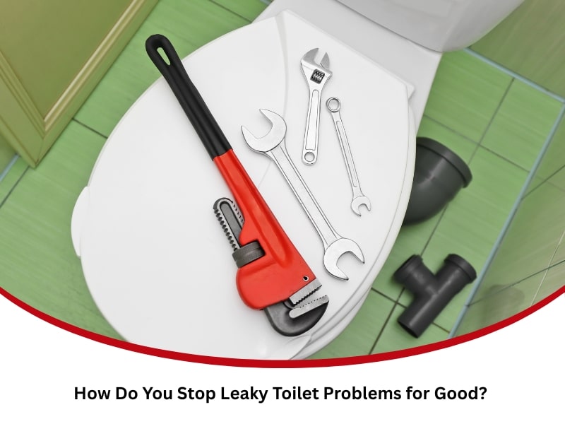 Plumbing tools placed on toilet lid to stop leaky toilet effectively.