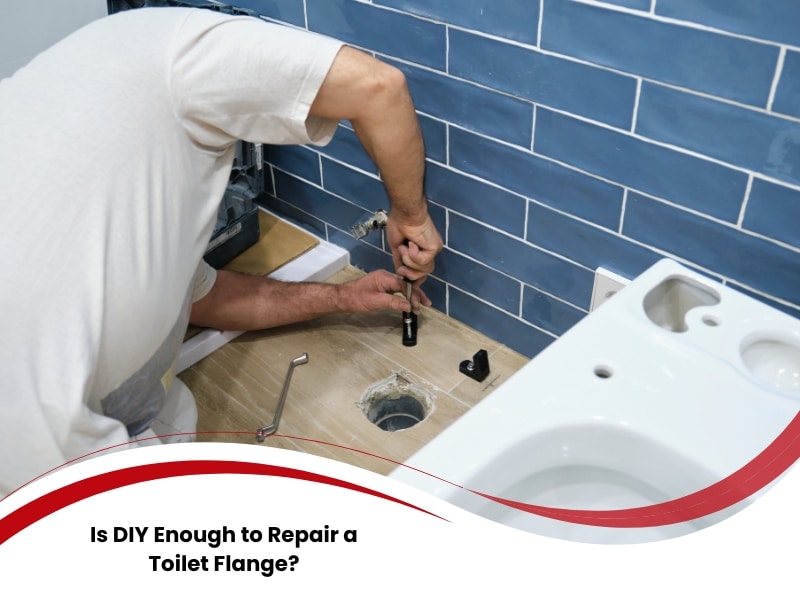 Plumber using tools to repair flange toilet fitting on bathroom floor before reinstalling the toilet unit.