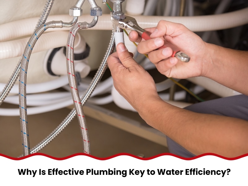 Plumber tightening a metal pipe connection under a sink, demonstrating effective plumbing techniques for water efficiency.