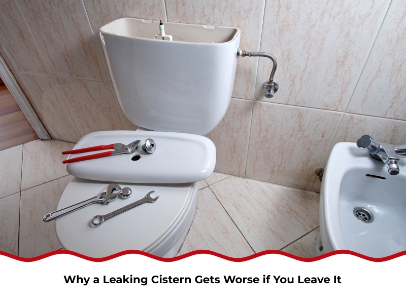 tools and open tank used for repairing toilet cistern in bathroom