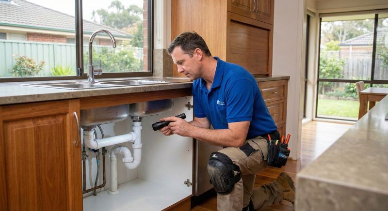 Licensed Sydney plumber inspecting kitchen pipework.