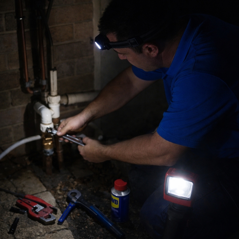 Plumber performing after-hours repairs during a nighttime plumbing emergency