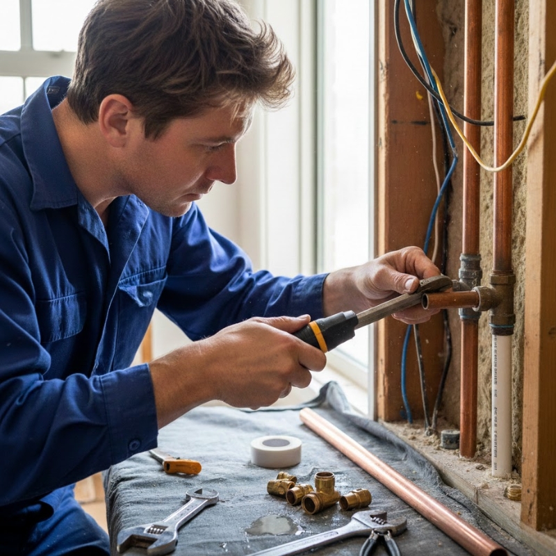 Burst pipe plumber replacing damaged pipe section using professional tools