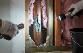 Burst pipe repair process showing damaged pipe before permanent repair