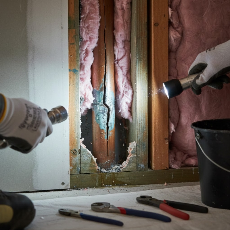 Burst pipe repair process showing damaged pipe before permanent repair