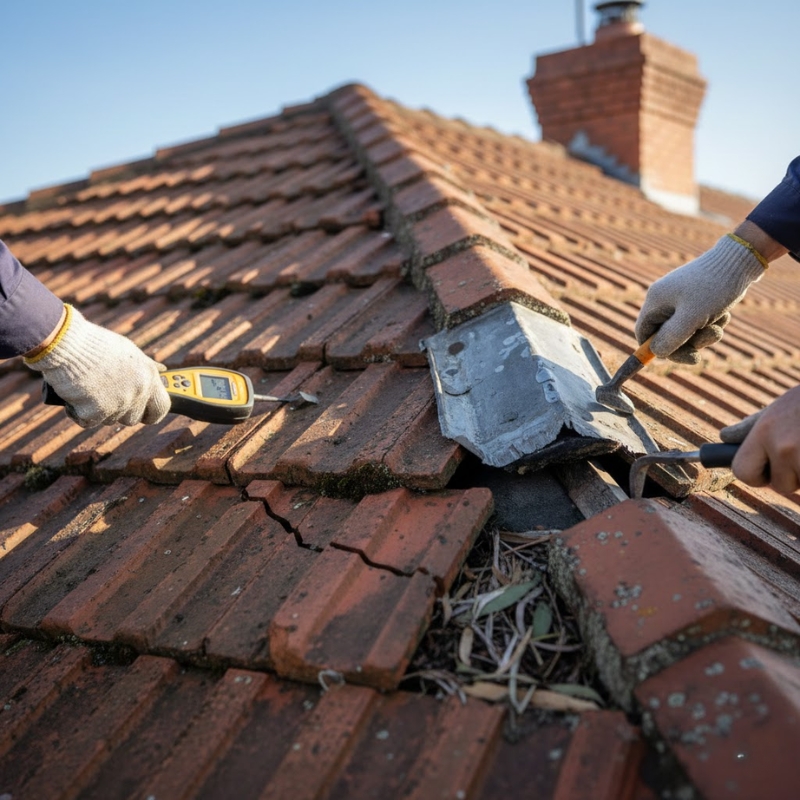 Roof leak repair process showing damaged area before sealing