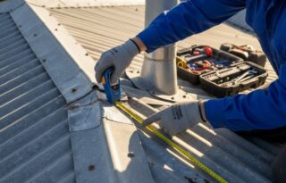 Roof plumber inspecting flashing and drainage points for leak sources