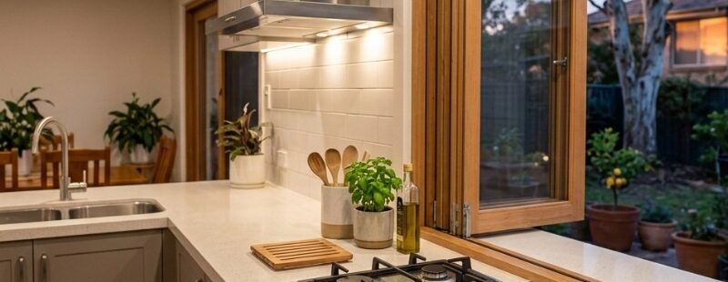 Sydney kitchen with gas cooktop and open window after detecting gas smell