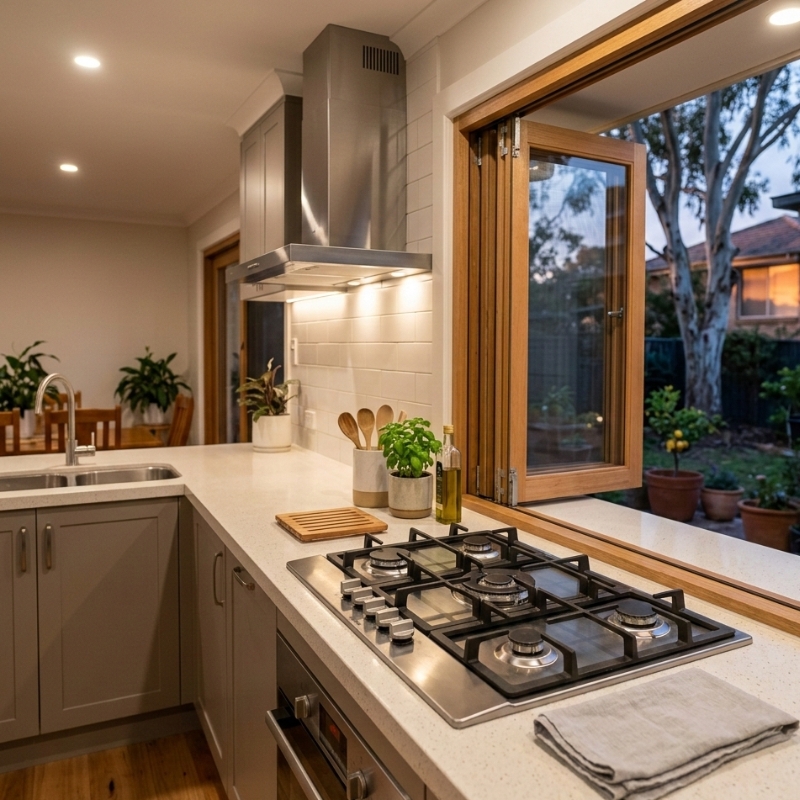 Sydney kitchen with gas cooktop and open window after detecting gas smell