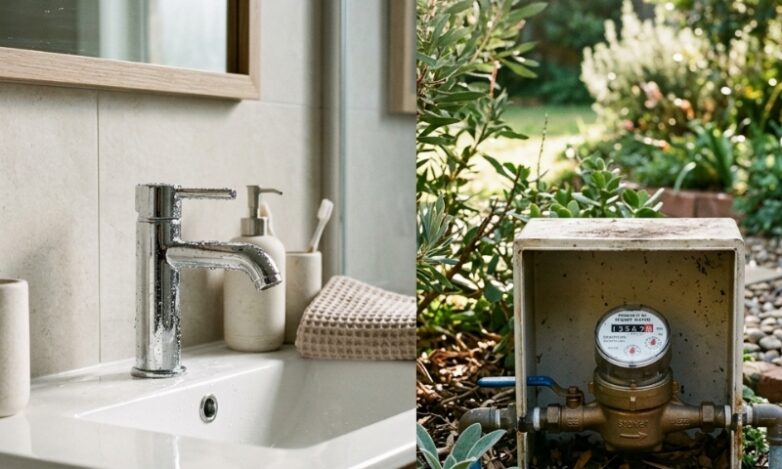 Sydney home checklist scene showing a dripping tap, under-sink cabinet, and outdoor water metre for investigating a high water bill.