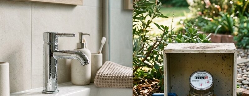 Sydney home checklist scene showing a dripping tap, under-sink cabinet, and outdoor water metre for investigating a high water bill.