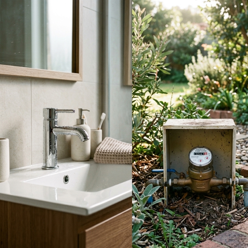 Sydney home checklist scene showing a dripping tap, under-sink cabinet, and outdoor water metre for investigating a high water bill.