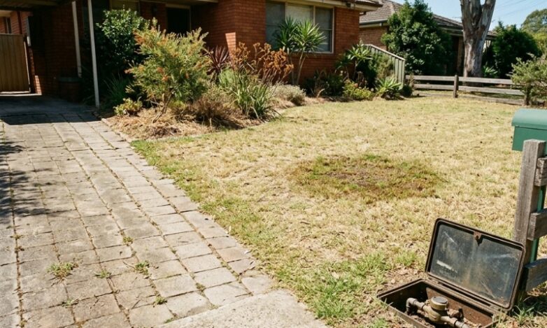 Early signs of an underground water leak in a Sydney yard, including a wet patch near the water meter and uneven paving.