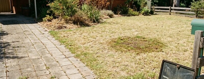 Early signs of an underground water leak in a Sydney yard, including a wet patch near the water meter and uneven paving.