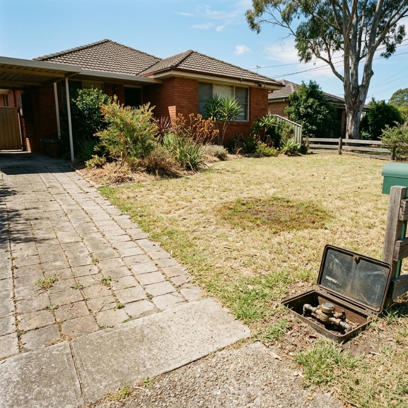 Early signs of an underground water leak in a Sydney yard, including a wet patch near the water meter and uneven paving.