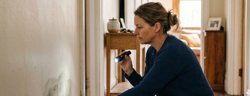 Homeowner inspecting a damp patch on an interior wall as an early sign of a hidden water leak in a Sydney house.
