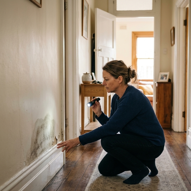 Homeowner inspecting a damp patch on an interior wall as an early sign of a hidden water leak in a Sydney house.