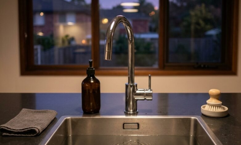 Sydney kitchen sink with subtle water ripples suggesting a gurgling drain and odour issue.