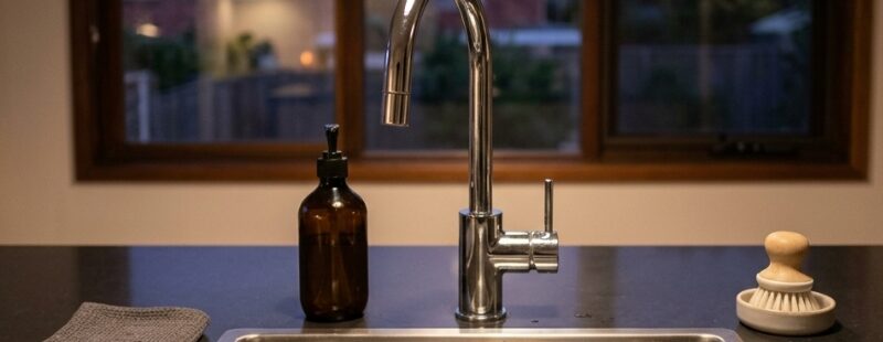 Why Your Sink Keeps Gurgling and Smelling in Sydney Homes (And What It Usually Means) Sydney kitchen sink with subtle water ripples suggesting a gurgling drain and odour issue.