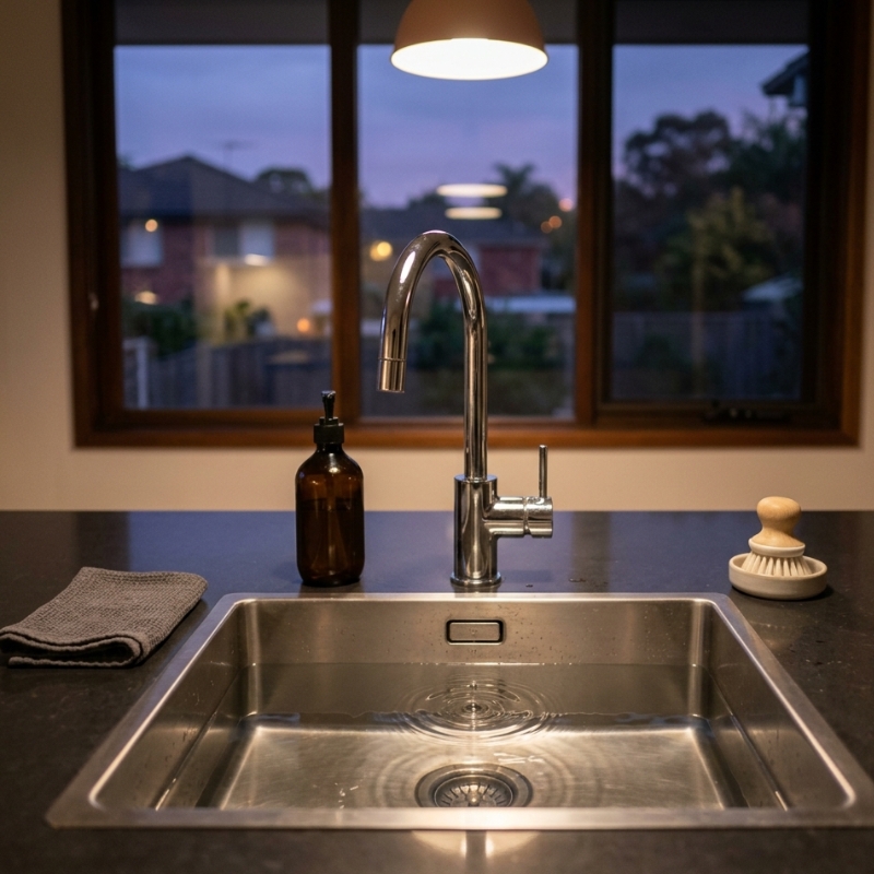 Sydney kitchen sink with subtle water ripples suggesting a gurgling drain and odour issue.
