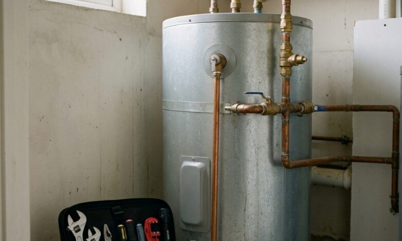 Sydney homeowner checking hot water heater for early warning leaks.