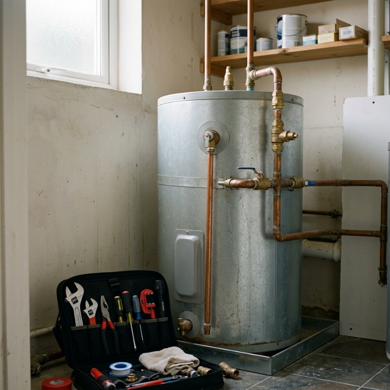 Sydney homeowner checking hot water heater for early warning leaks.