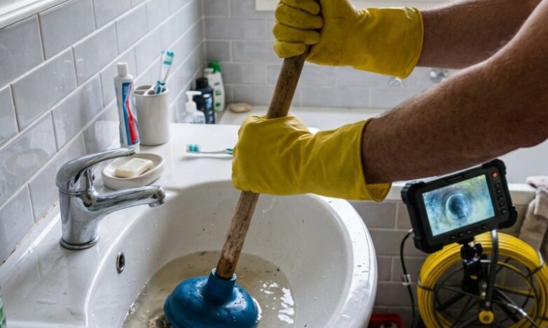 Sydney homeowner attempting DIY drain cleaning with a plunger next to professional CCTV equipment.