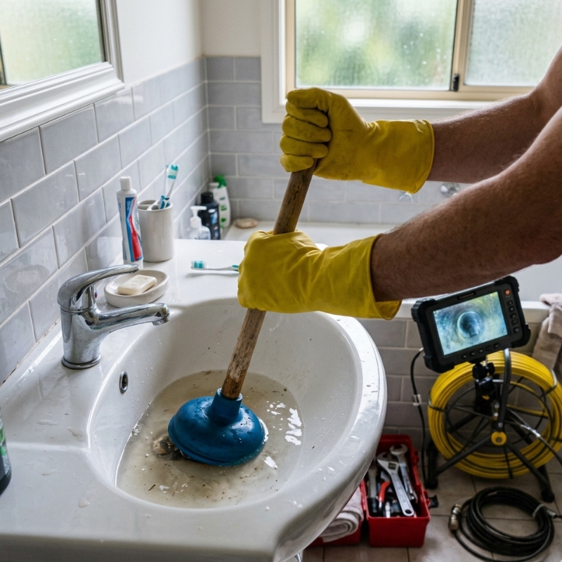 Sydney homeowner attempting DIY drain cleaning with a plunger next to professional CCTV equipment.