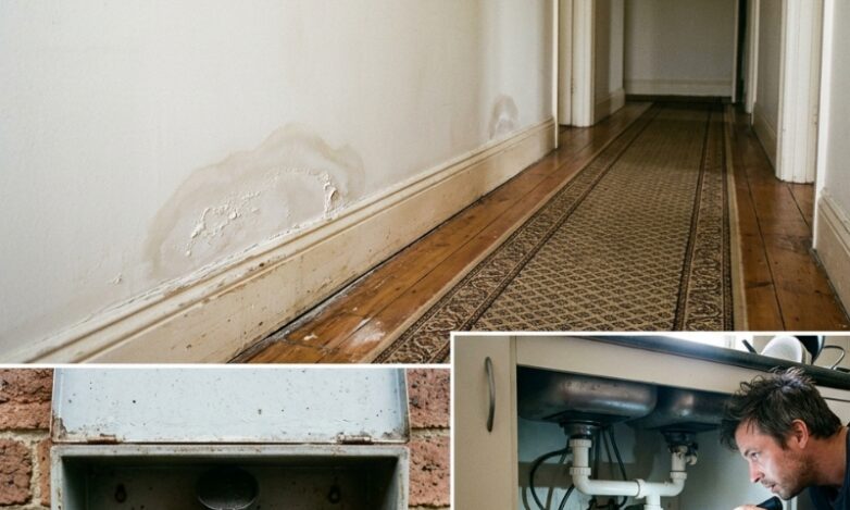 Sydney homeowner checking early warning signs of a leaking pipe, including a damp wall and water meter.