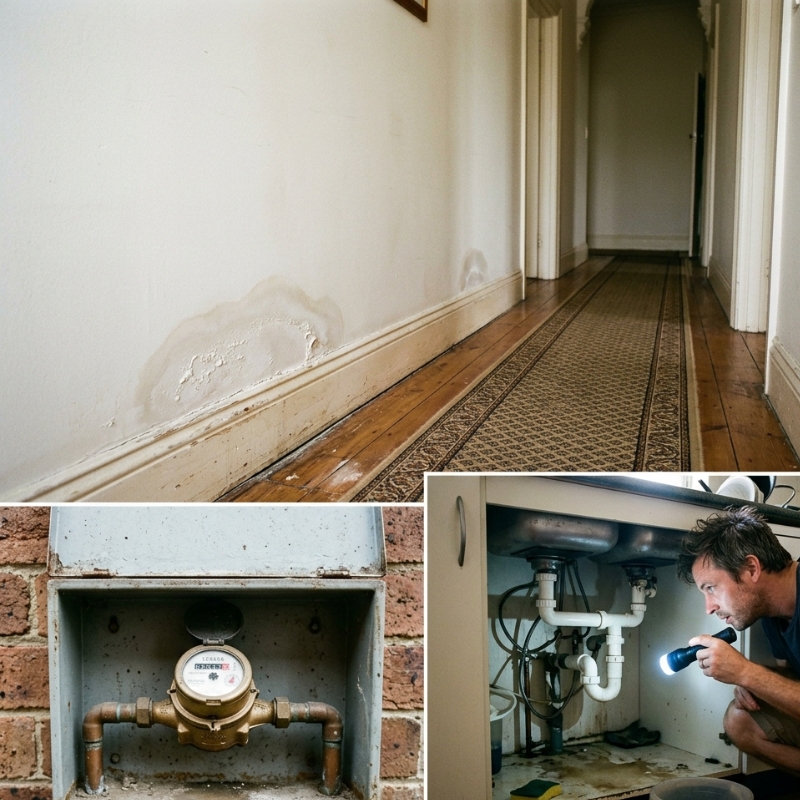 Sydney homeowner checking early warning signs of a leaking pipe, including a damp wall and water meter.