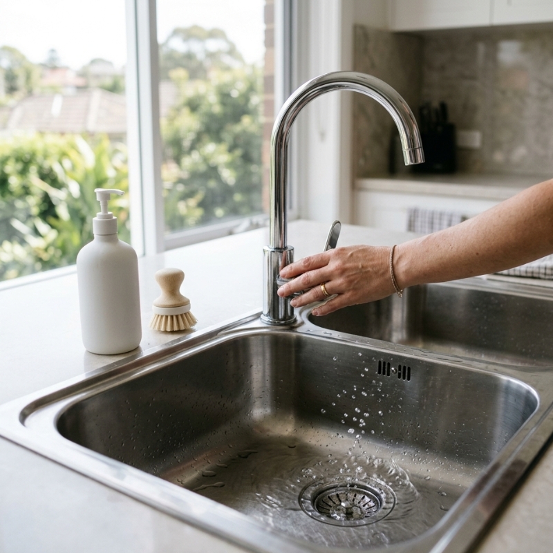 Gurgling kitchen sink drain with small bubbles in a Sydney home