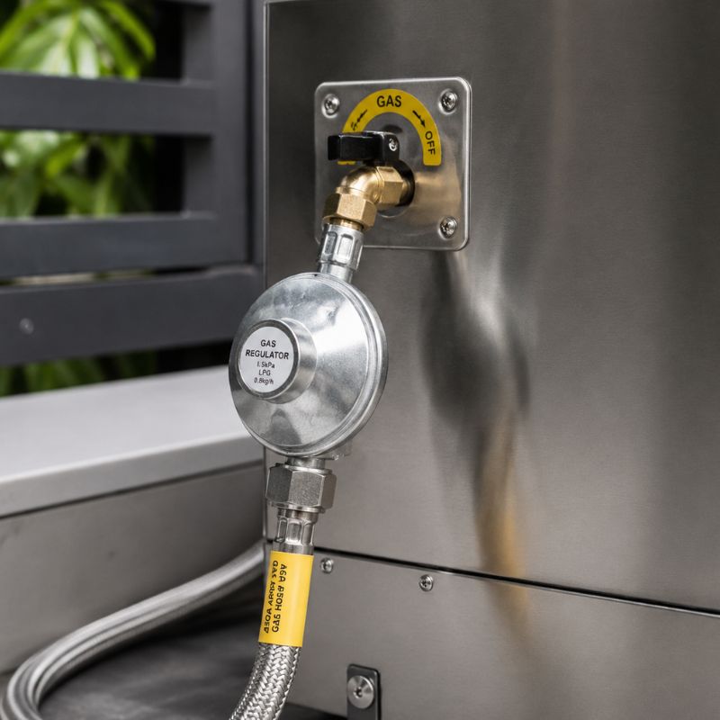 Close-up of new BBQ gas bayonet hose and regulator after pressure test