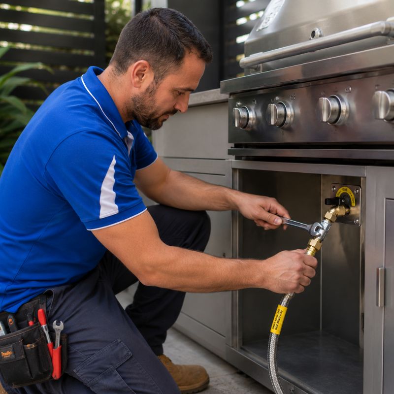 Licensed plumber replacing a BBQ gas fitting on a Sydney patio.